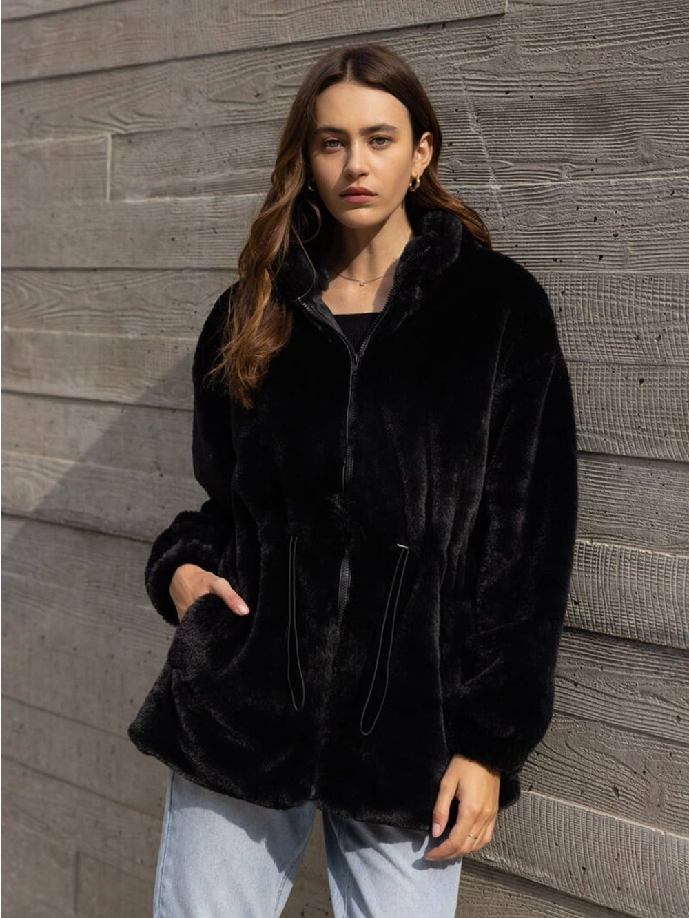 128. Faux fur cozy zip jacket coat brown